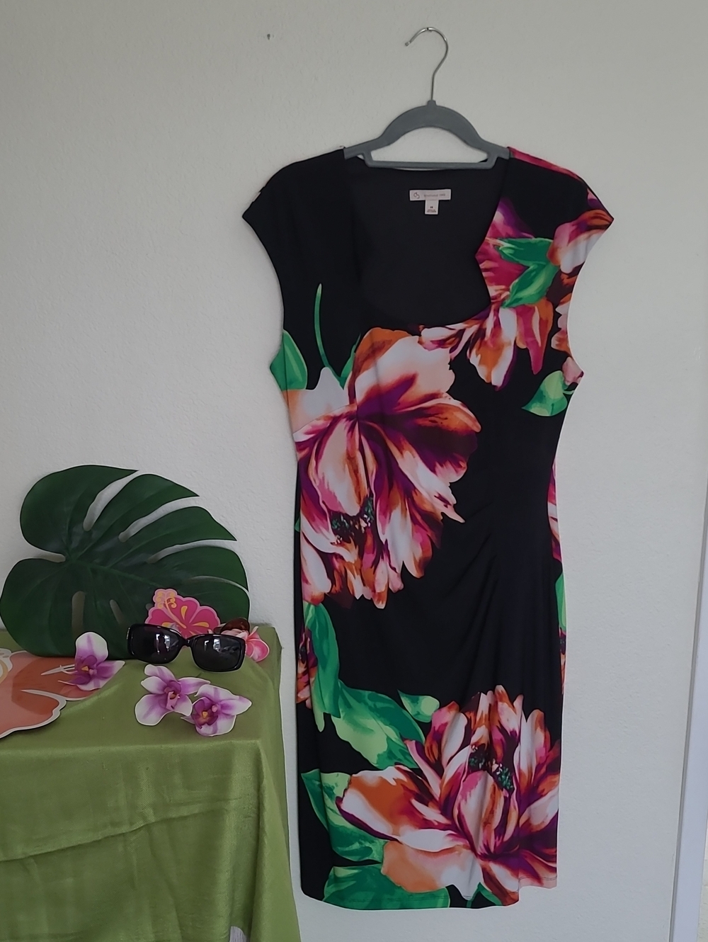 Tropical Flora Black Sheath Midi Dress with Pink, Green Coral and Orchid Blooms